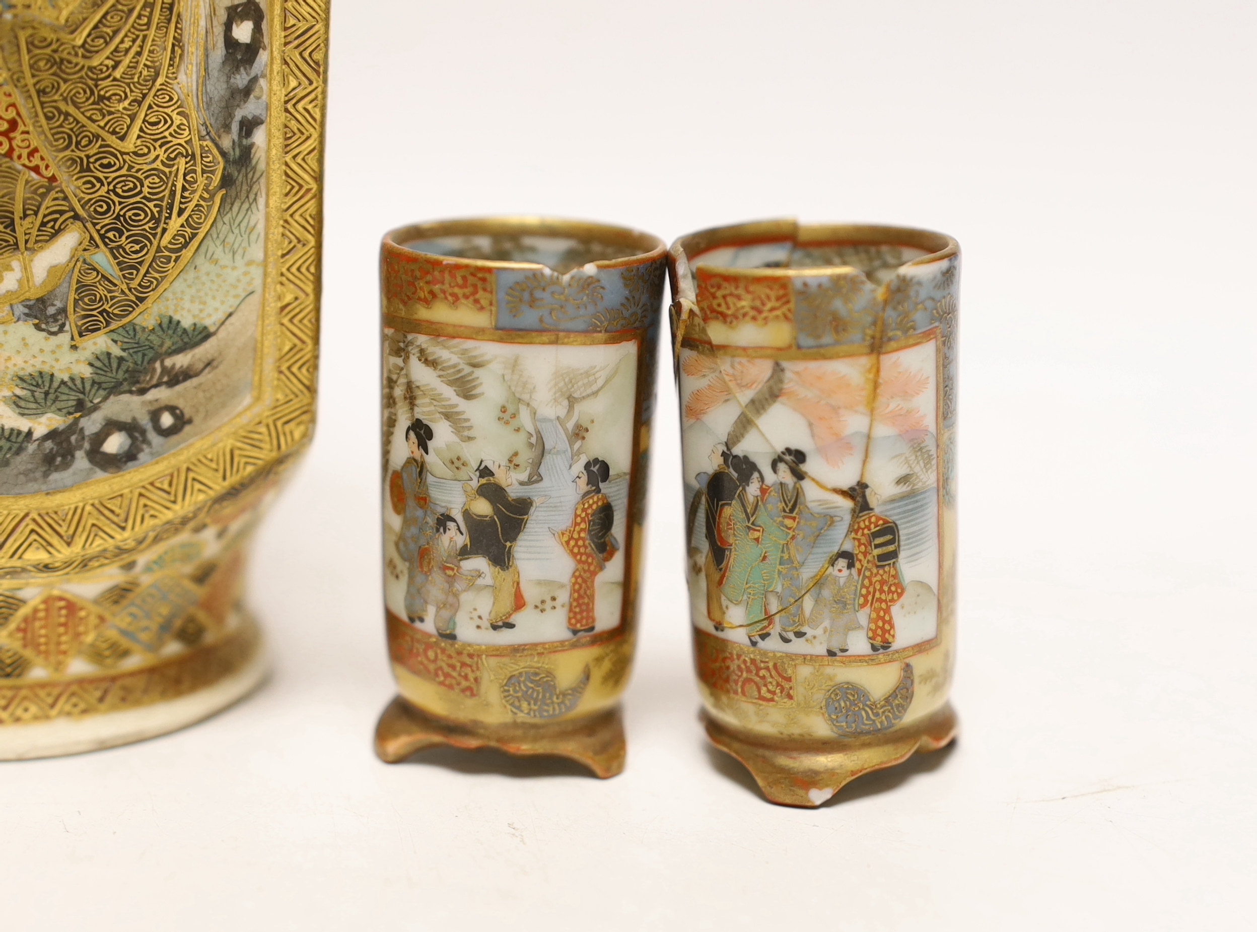 A Japanese Satsuma teapot and three vases, tallest, 15cm high